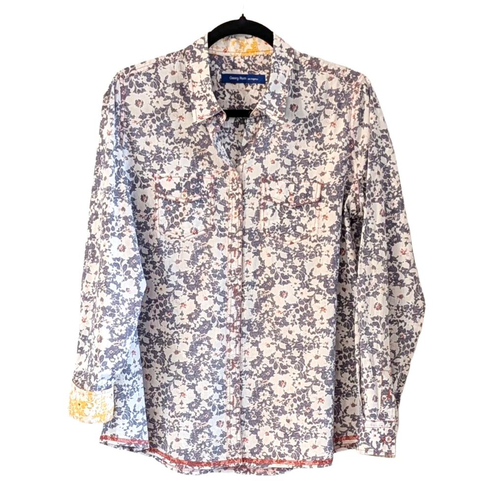 Georg Roth Floral 100% Cotton Button Down Shirt M Contrast Trim Relaxed Fit